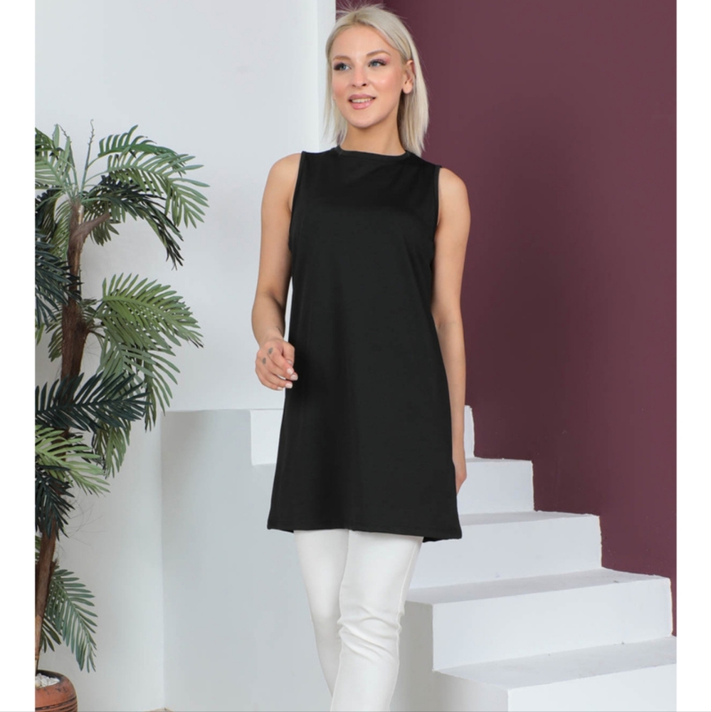 Women's Sleeveless Long Tunic / Blouse, Black, Large